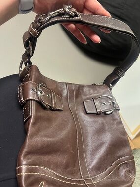 Coach Classic Brown Smooth Leather Shoulder Bag with Trademark Buckle Accents